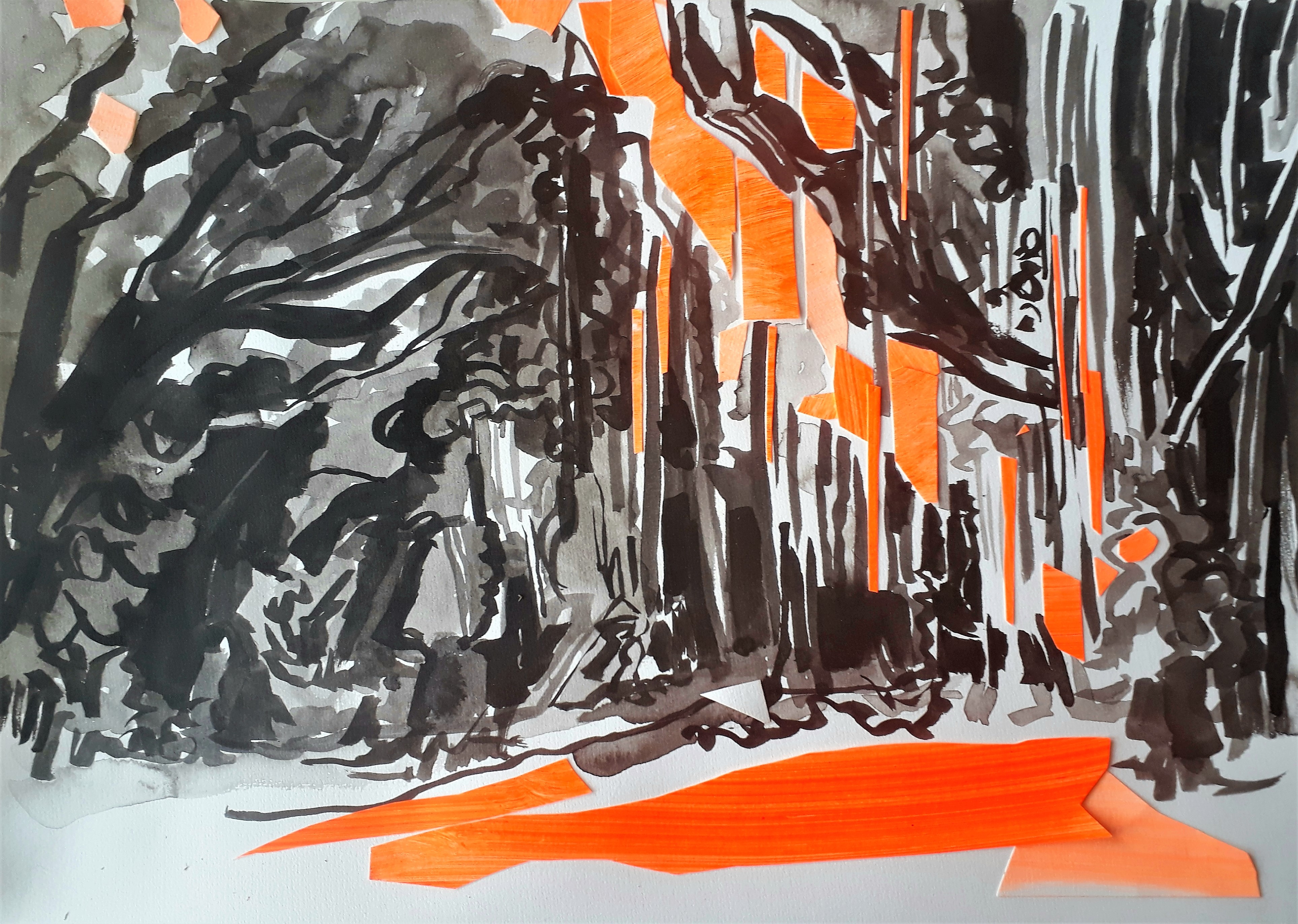 Banyan Drive Hilo tree, One of the four panels, Ink & collage 2019