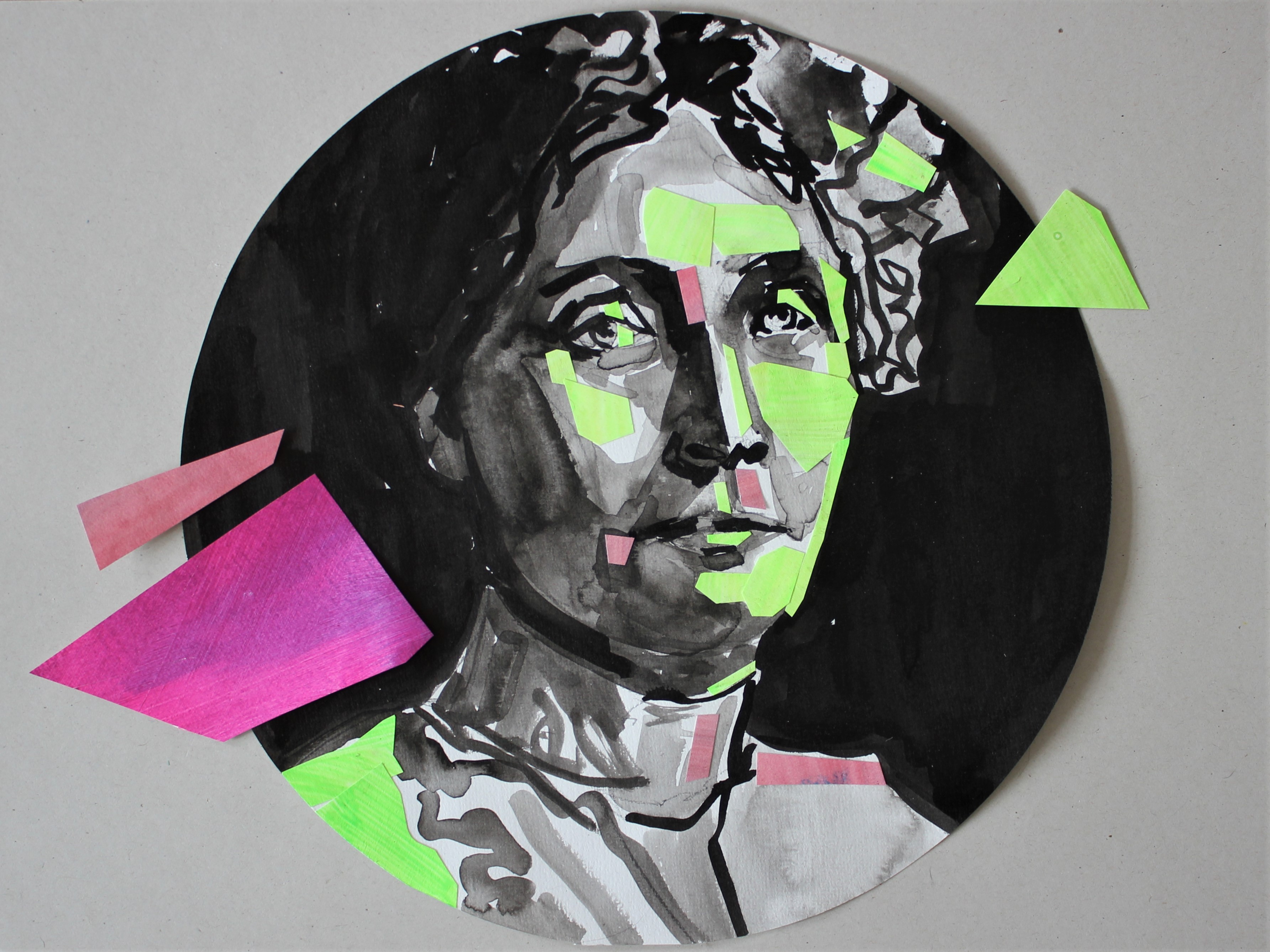 Portrait of Emmeline Pankhurst ink & collage 2019